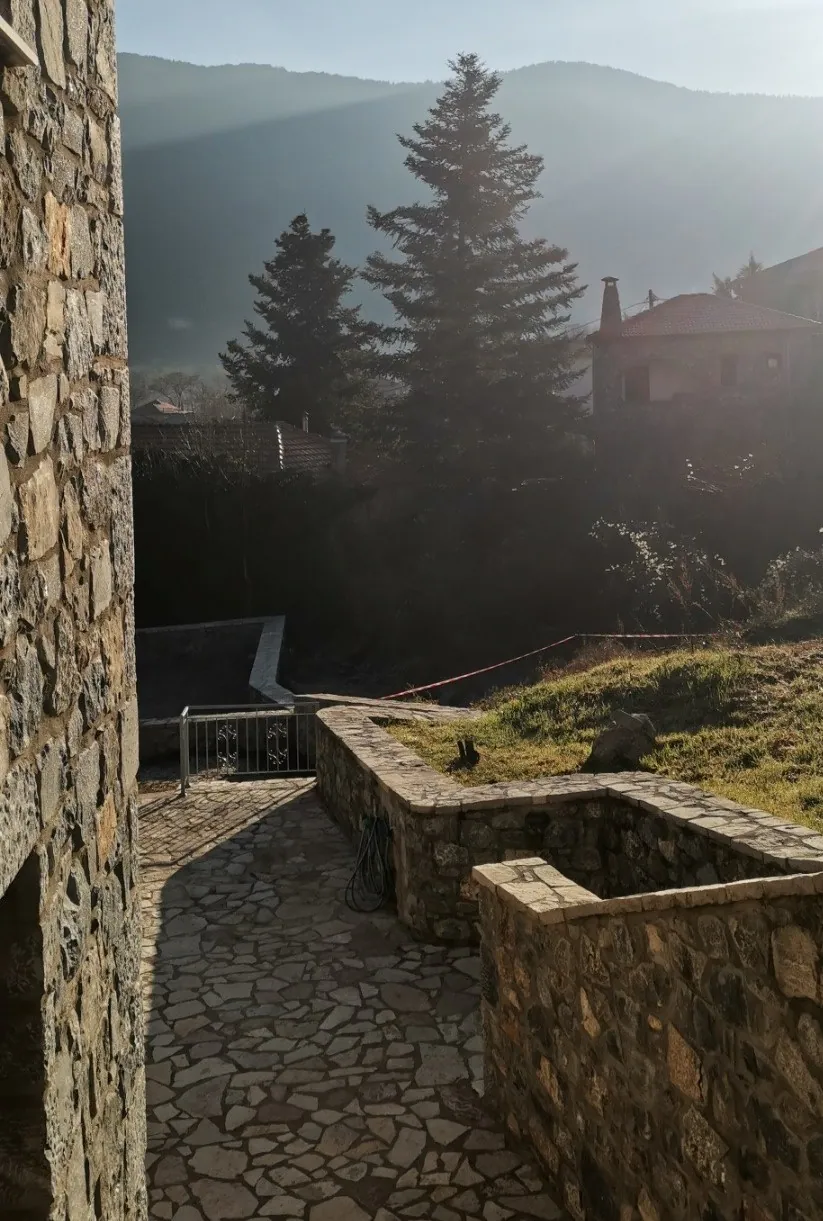 Πέτρινη αυλή με έλατα στο πρωινό φως